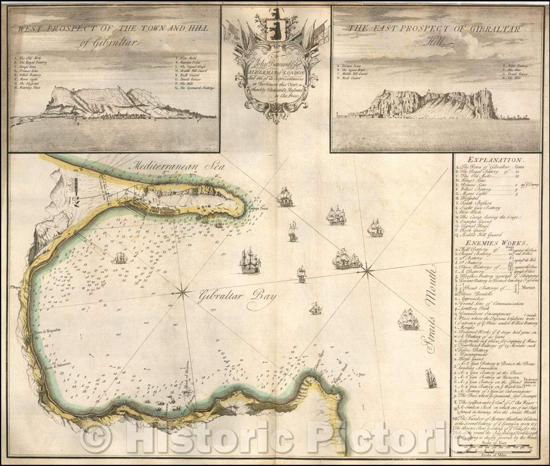 Historic Map - Gibraltar with 2 Views, 1730, Charles Price - Vintage Wall Art