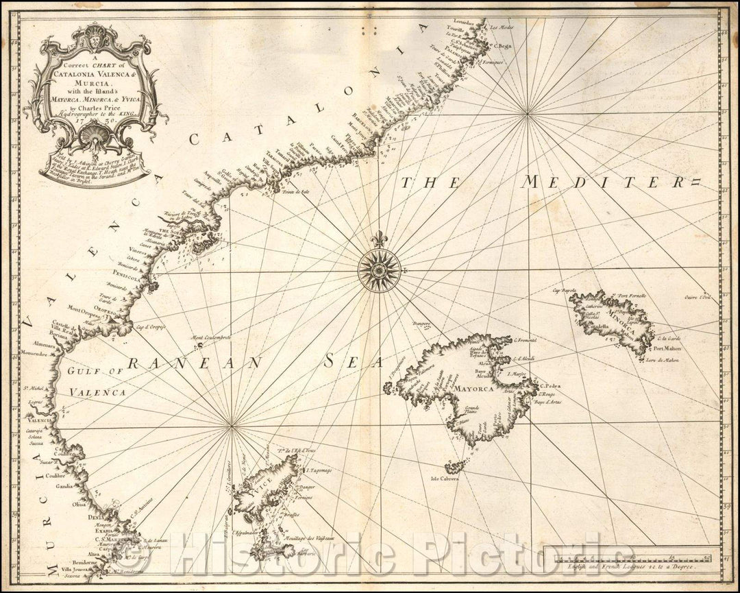 Historic Map - A Correct Chart of Catalonia Valenca & Murcia with the Islands Mayorca, Minorca & Yvica, 1730, Charles Price - Vintage Wall Art