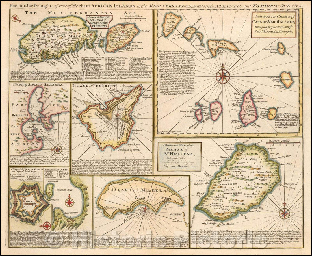 Historic Map - Malta, Cape Verde Islands, Teneriffe, Madera, St. Helena, etc, 1747, Emanuel Bowen - Vintage Wall Art