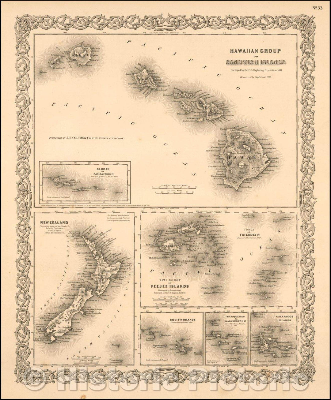 Historic Map - Hawaiian Group or Sandwich Islands [with] New Zealand [and] Feejee Group, Society Island, Marquesas and Galapagos Islands, 1855 v5