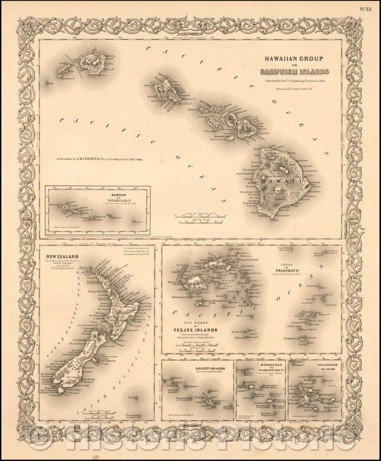 Historic Map - Hawaiian Group or Sandwich Islands [with] New Zealand [and] Feejee Group, Society Island, Marquesas and Galapagos Islands, 1855 v5