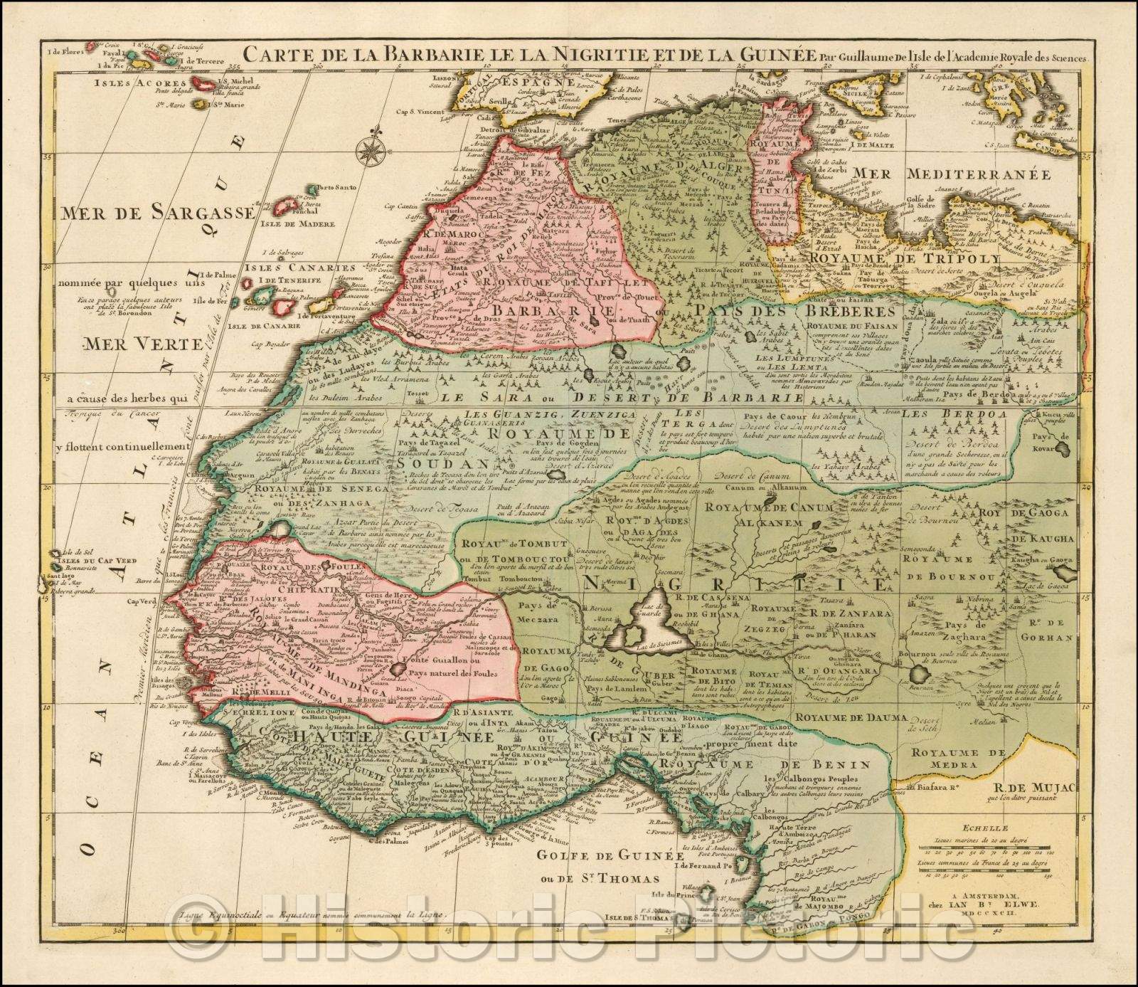 Historic Map - Carte De La Barbarie Le La Nigritie Et De La Guinee :: Northwestern Africa,colored by Regions, De L'Isle's first published circa 1700, 1792 - Vintage Wall Art