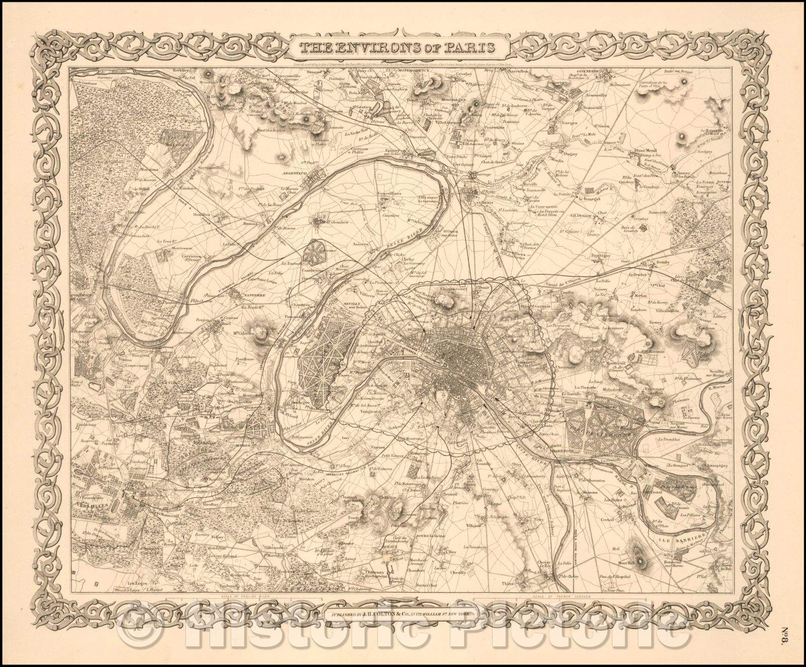 Historic Map - The Environs of Paris, 1856, Joseph Hutchins Colton - Vintage Wall Art