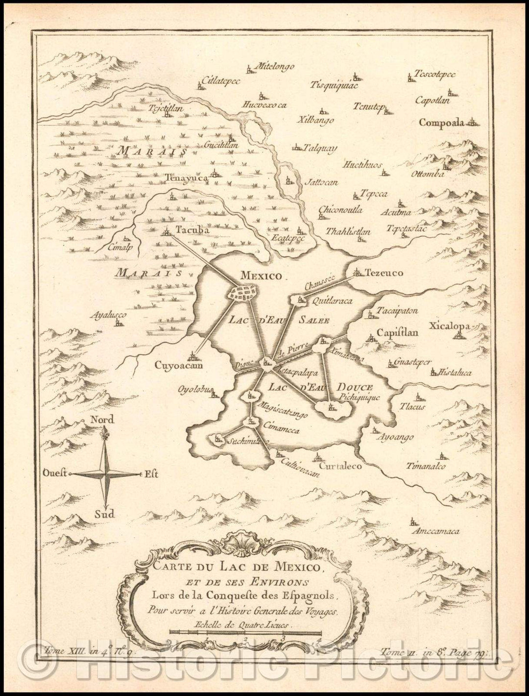 Historic Map - Carte du Lac De Mexico, et de ses Environs Lors de la Conqueste des Espanols/Map of Mexico City and environs, with a nice compass rose, 1757 - Vintage Wall Art