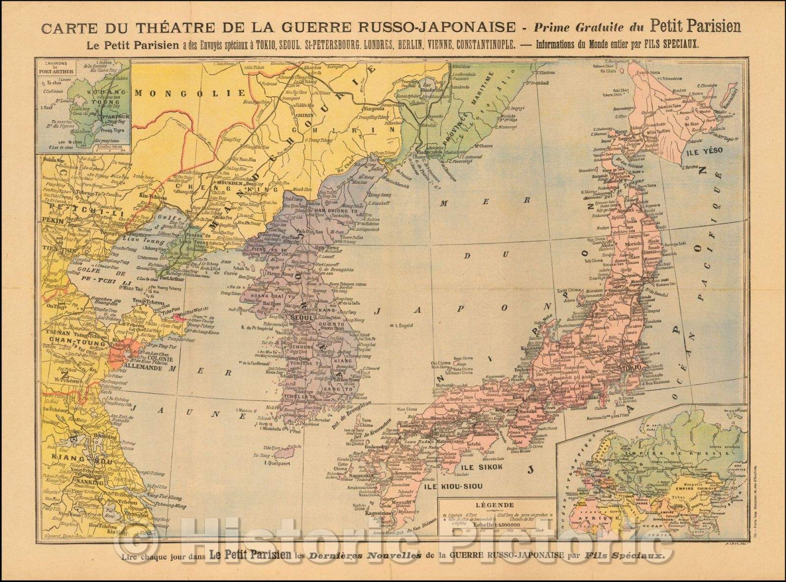 Historic Map - Carte Du Theatre De La Guerre Russo-Japonaise-Prime Gratuite du Petit Parisien/Broadside Map of the Theater of War in China and Korea, 1904 - Vintage Wall Art