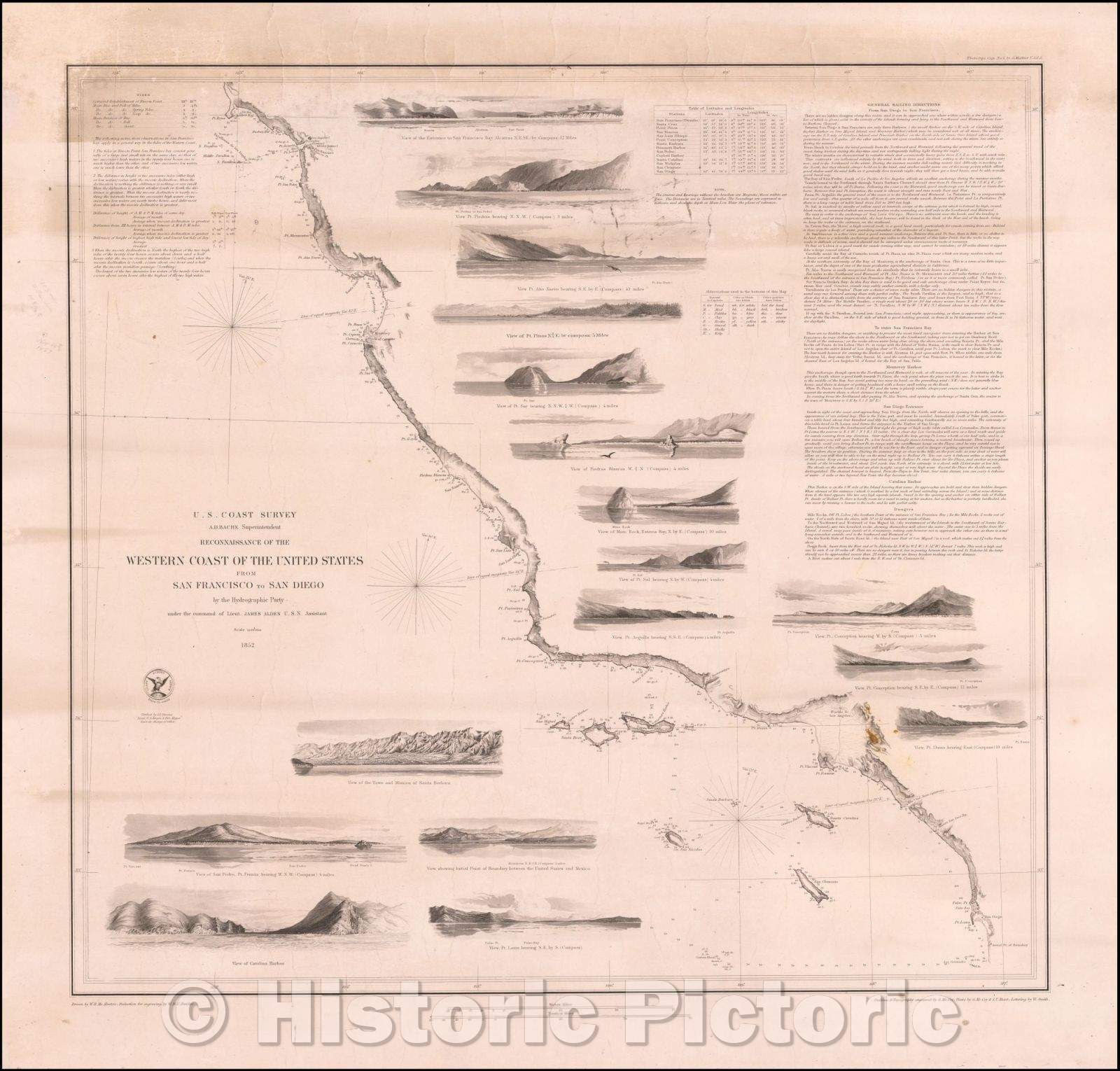 Historic Map - Reconnaissance of the Western Coast of the United States From San Francisco to San Diego, 1853, United States Coast Survey - Vintage Wall Art