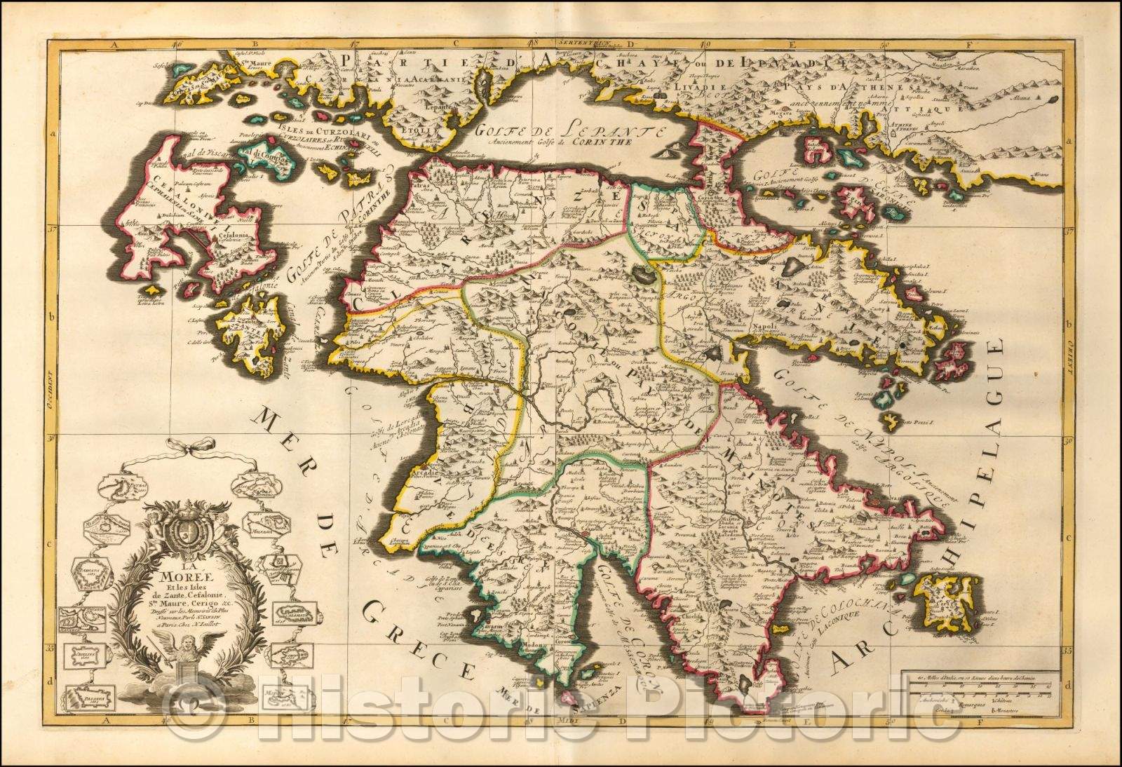 Historic Map - La Moree et les Isles de Zante, Cefalonie, Ste. Maure, Cerigo/Map of Morea and surrounding islands, published in Paris, 1700, 1700 - Vintage Wall Art