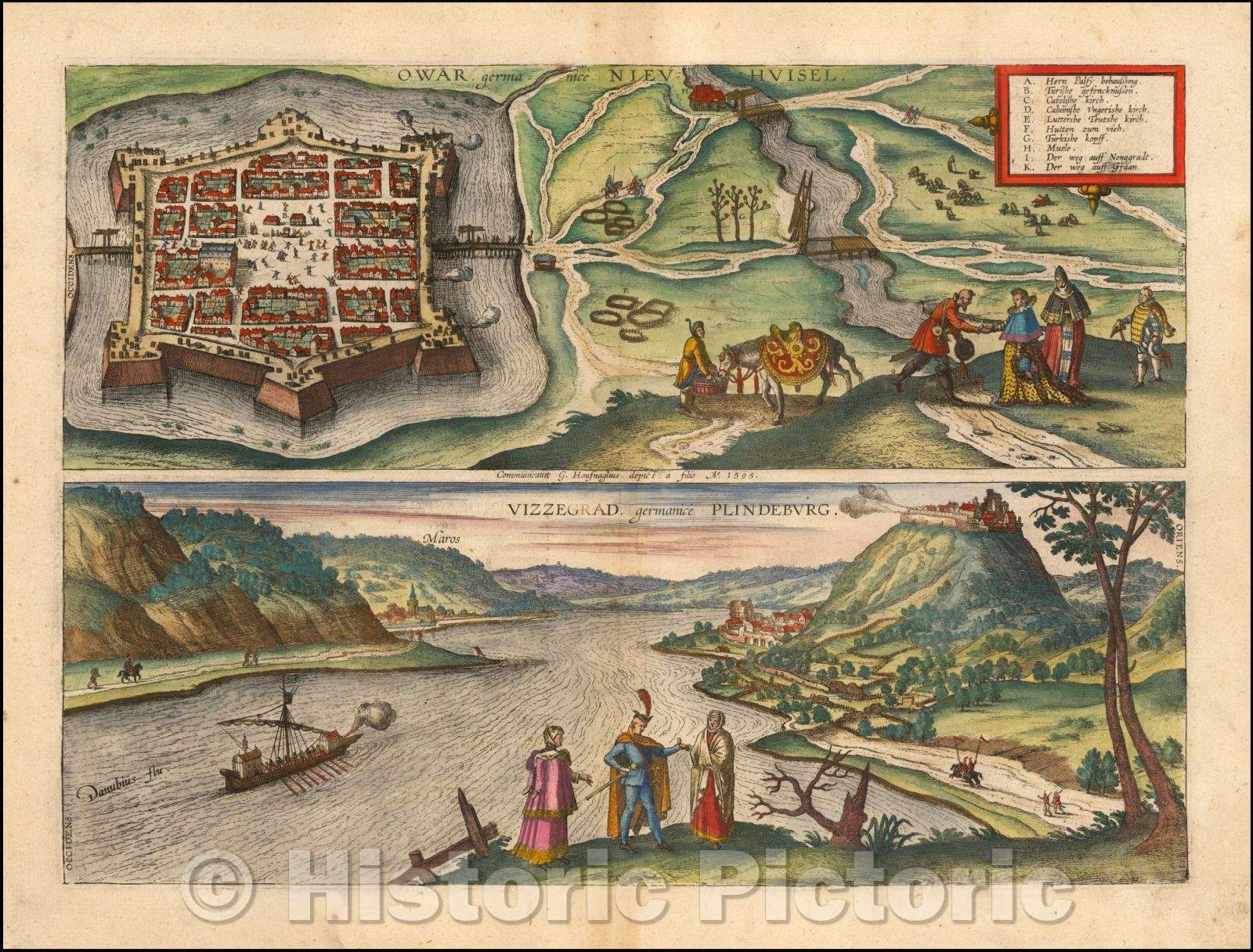 Historic Map - Nov?Z?ky, Slovakia, Visegr?, Hungary)) Owar germanice Nieu Huisel :: (New Castle, Slovakia) and Visegr?, Hungary)) Owar Germanic Nieu Huis, 1595 - Vintage Wall Art