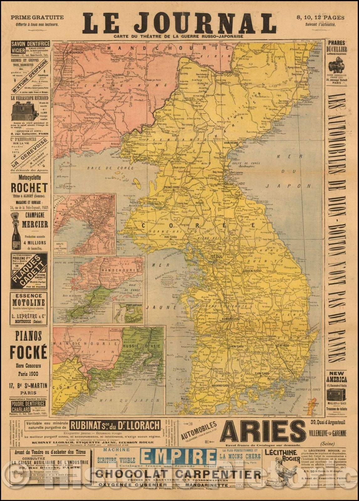 Historic Map - Carte Du Theatre de la Guerre Russo-Japonaise (French Automobile and Cycling of the :: of the Theater of War during Russo-Japanese War, 1904 - Vintage Wall Art