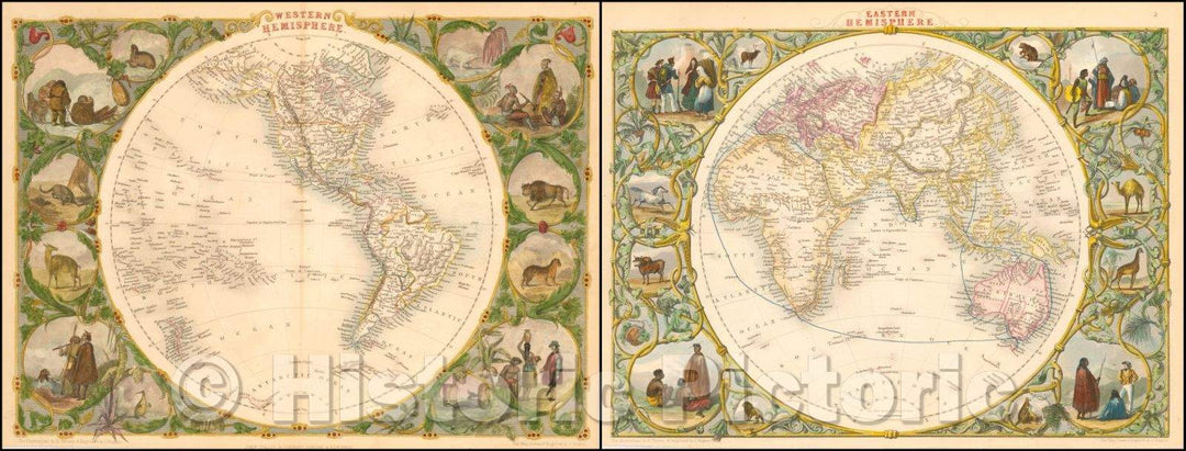 Historic Map - Western Hemisphere and Eastern Hemisphere, 1851, John Tallis - Vintage Wall Art