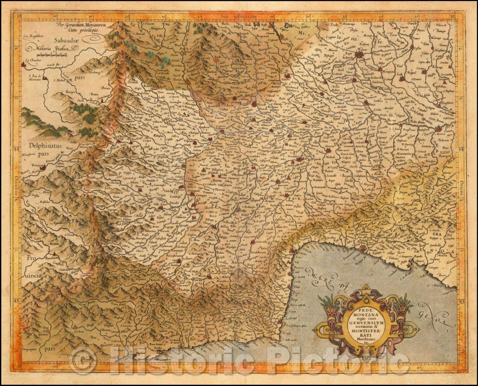 Historic Map - Pedemontana regio cum Genuensium territorio & Montiserrati Marchionatu/Regional Map of Italy, Pedemont Region of Italy and Genoa, 1610 - Vintage Wall Art