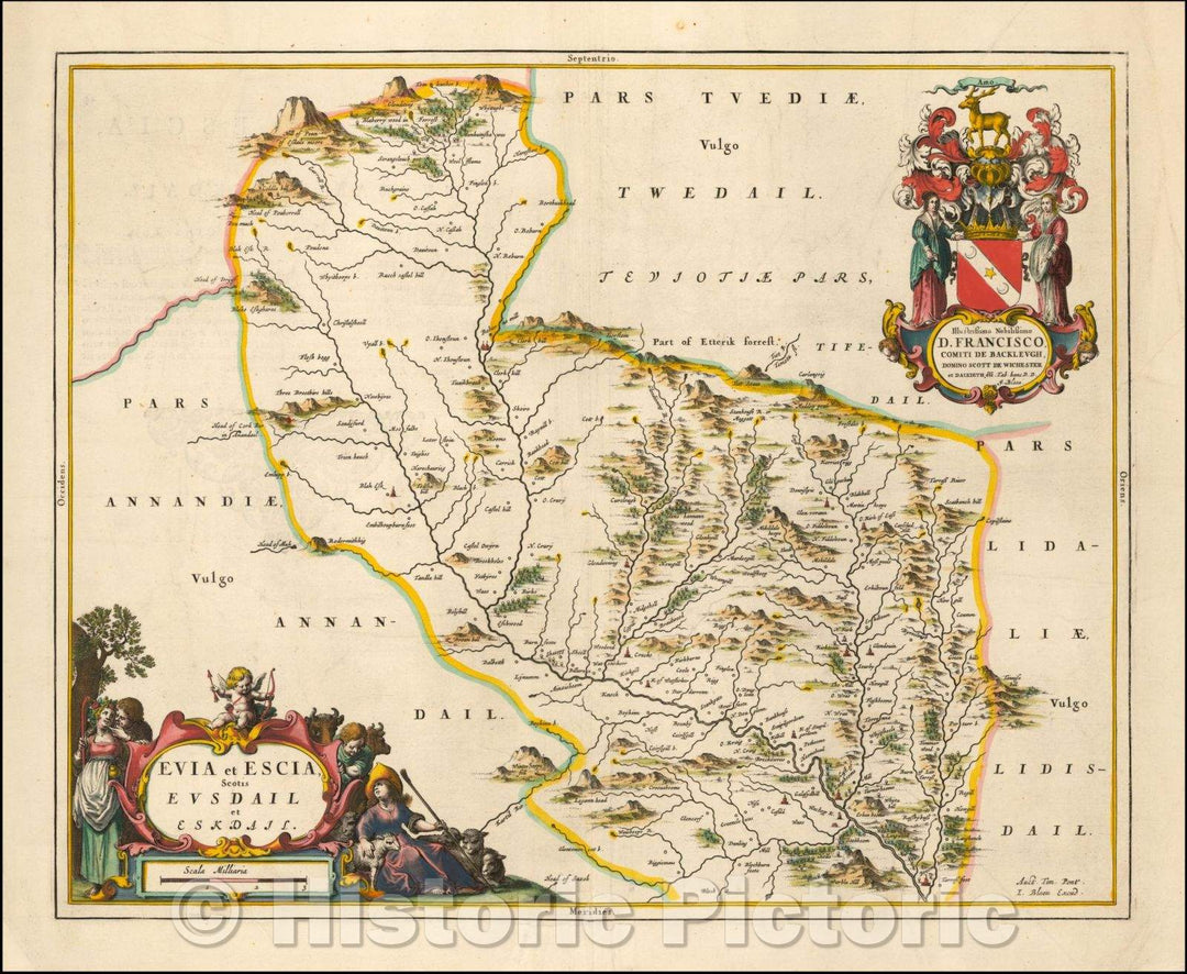 Historic Map - Evia et, Scotis Evsdail et Eskdail/Regional Map of Scotland, centered on the River Esk in the Southern UPlands, 1654, Willem Janszoon Blaeu - Vintage Wall Art