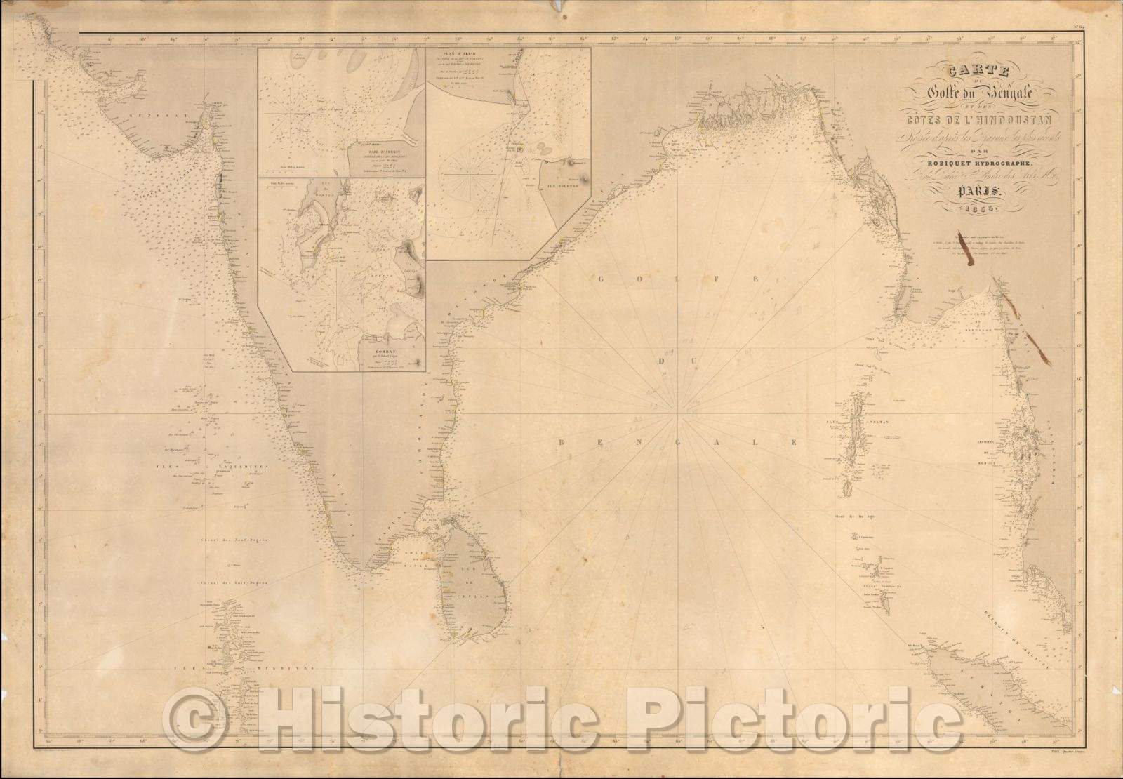 Historic Map - Carte du Golfe du Bengale et des Cotes de L'Hindoustan Dressee d'apres/French Sea Chart of India and the west coast of Malaysia, etc, 1856 - Vintage Wall Art