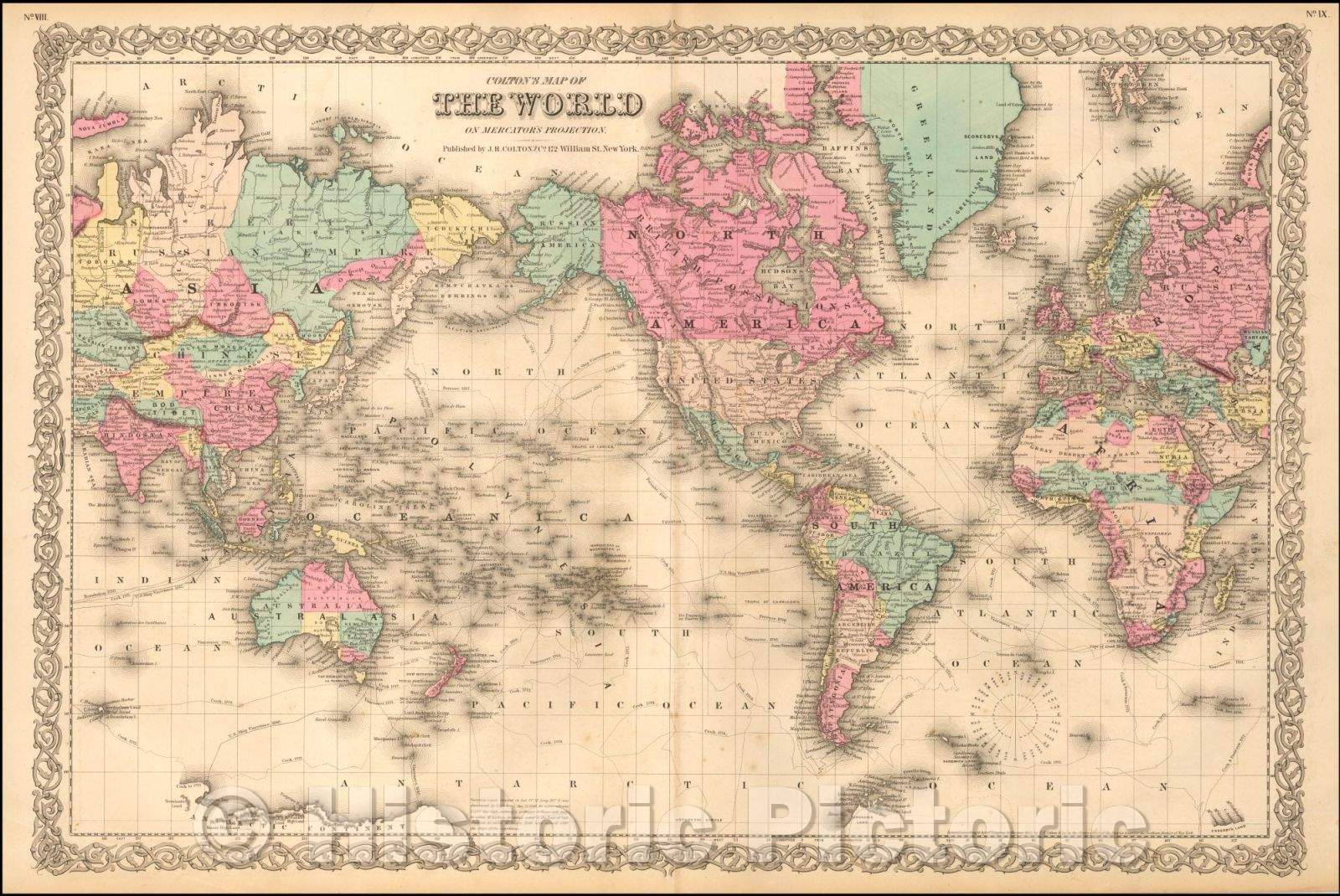 Historic Map - Colton's Map of the World on Mercator's Projection, 1856, Joseph Hutchins Colton - Vintage Wall Art