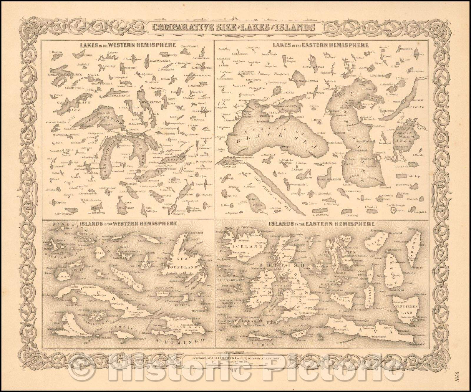 Historic Map - Comparative Size of Lakes and Islands [Great Lakes, Cuba, Formosa, Ireland, Sicily, Cyprus, Vancouver, Sandwich Islands, Puerto Rico, Corsica, 1856 - Vintage Wall Art