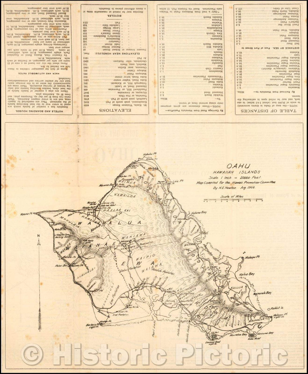 Historic Map - Oahu Hawaiian Islands, 1912, H. E. Newton - Vintage Wall Art