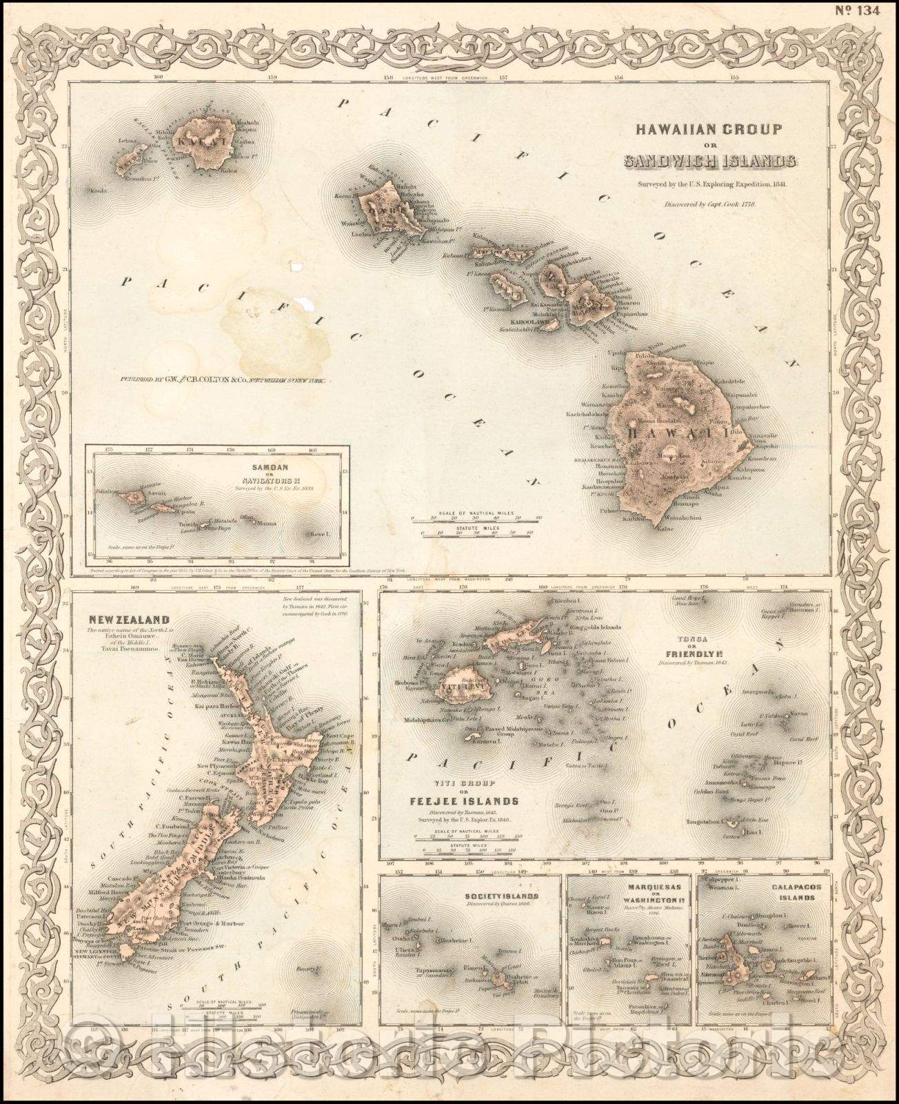 Historic Map - Hawaiian Group or Sandwich Islands [with] New Zealand [and] Feejee Group, Society Island, Marquesas and Galapagos Islands, 1866 - Vintage Wall Art