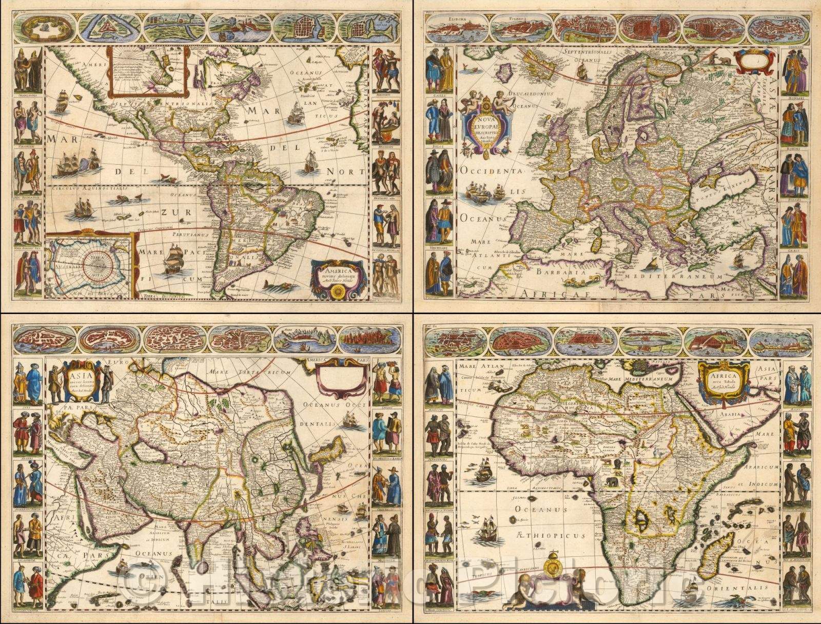 Historic Map - America noviter delineata Auct. Judoco Hondio/Maps of the 4 continents from Piere D'Avity's Les Etats, 1659, Jodocus Hondius - Vintage Wall Art