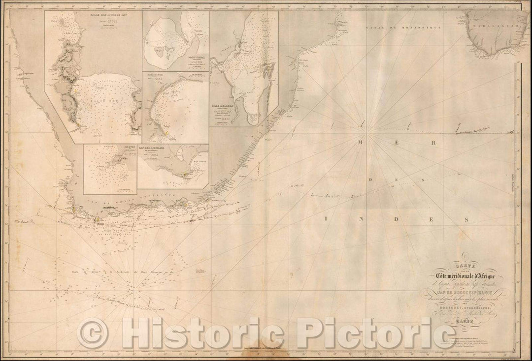 Historic Map - Carte de la Cote meridionale d'Afrique d'Angre Pequena au Cap Corrientes. / D'Apres De Mannevillette's Chart of Indian Ocean, 1854 - Vintage Wall Art