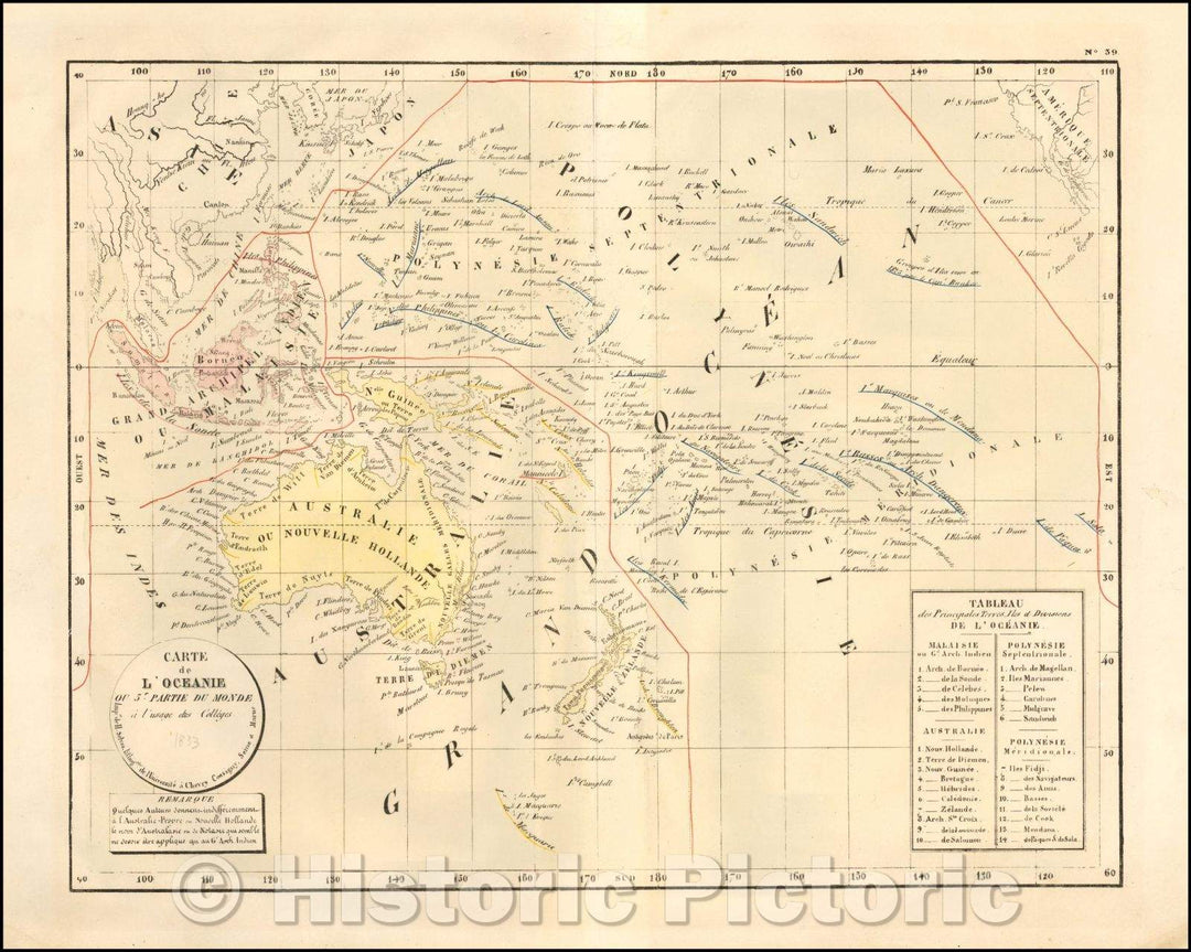 Historic Map - Carte de L'Ocean ou 5e. Partie du Monde a l'usage des Colleges/Map of Oceania and the Pacific, 1833, H. Selves - Vintage Wall Art