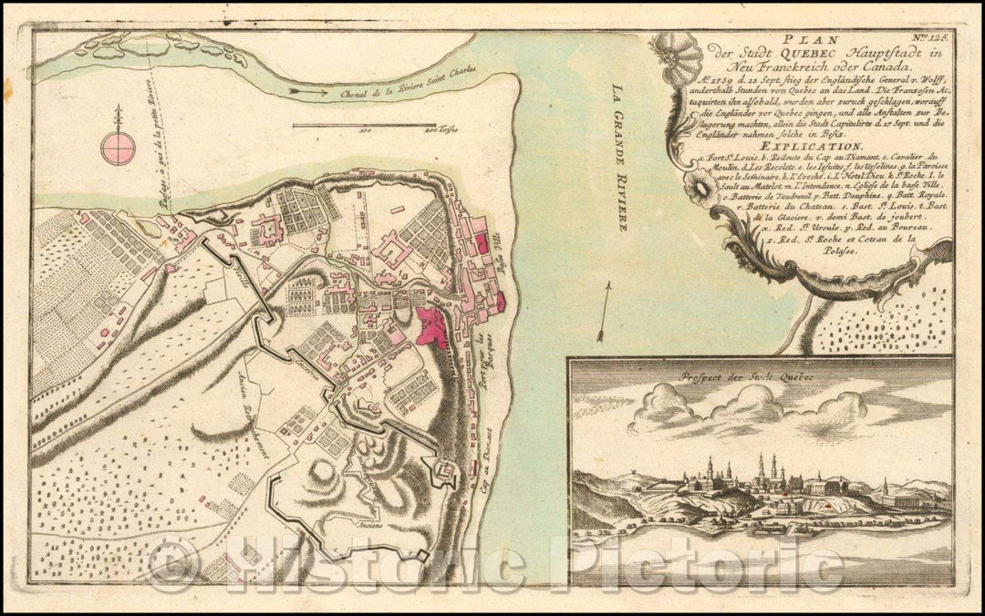 Historic Map - Plan der Stadt Quebec Hauptstadt in Neu Frankreich oder Canada Ao 1759 d, 1764 - Vintage Wall Art