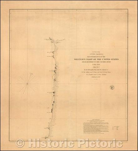 Historic Map - Reconnaissance of the Western Coast of the United States From Monterey To The Columbia River in three sheets. Sheet No. 3, 1851 - Vintage Wall Art