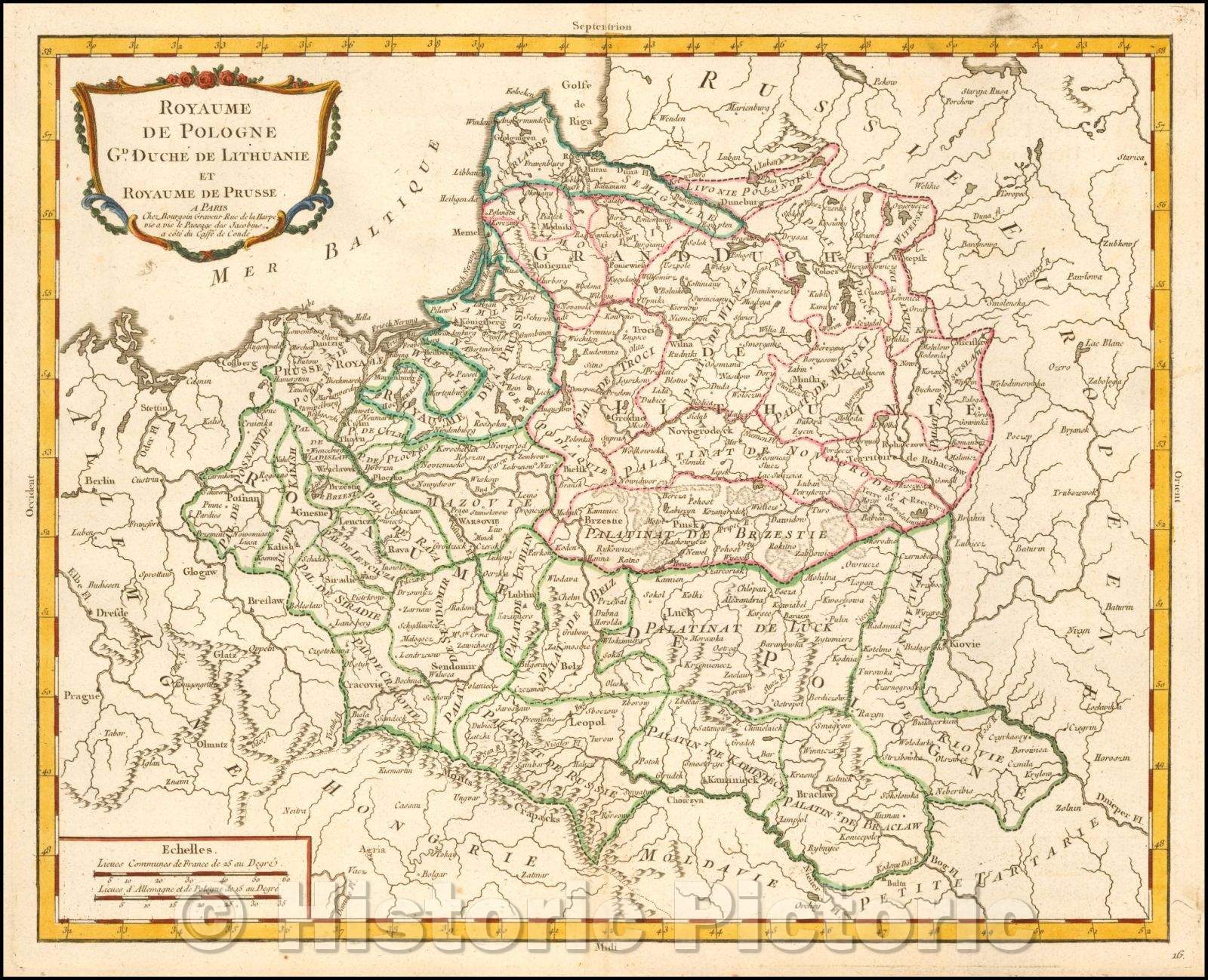 Historic Map - Royaume de Pologne Gd.Duche De Lithuanie et Royaume de Prusse :: Kingdom of Poland and Duchy of Lithuania, Pierre Bourgoin in Paris, 1764 - Vintage Wall Art