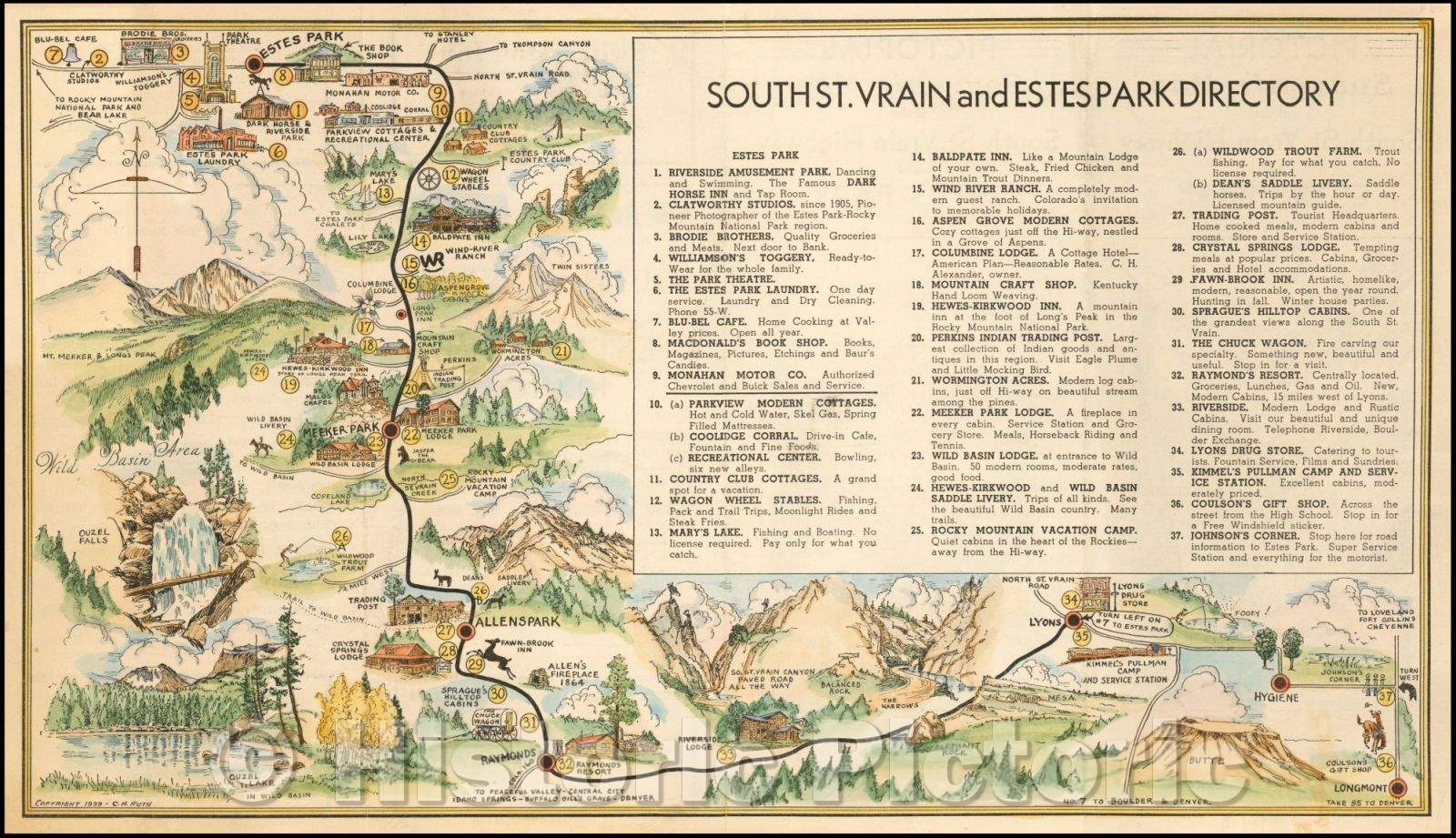 Historic Map - South St. Vrain and Estes Park Directory/Pictorial Souvenir Map of the South St. Vrain Highway and Estes Park, 1939, C. H. Ruth - Vintage Wall Art