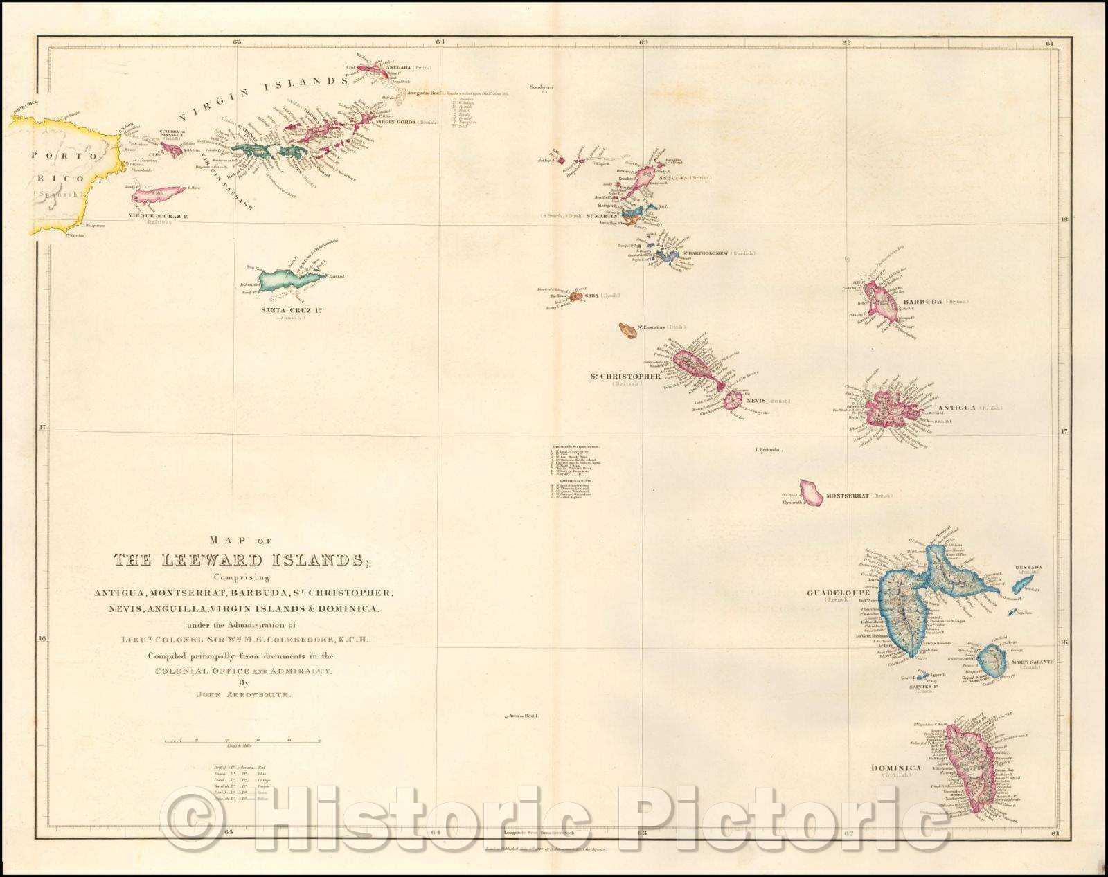 Historic Map - Map of The Leeward Islands; Comprising Antigua, Montserrat, Barbuda, St. Christopher, Nevis, Anguilla, Virgin Islands & Dominica, 1842 - Vintage Wall Art