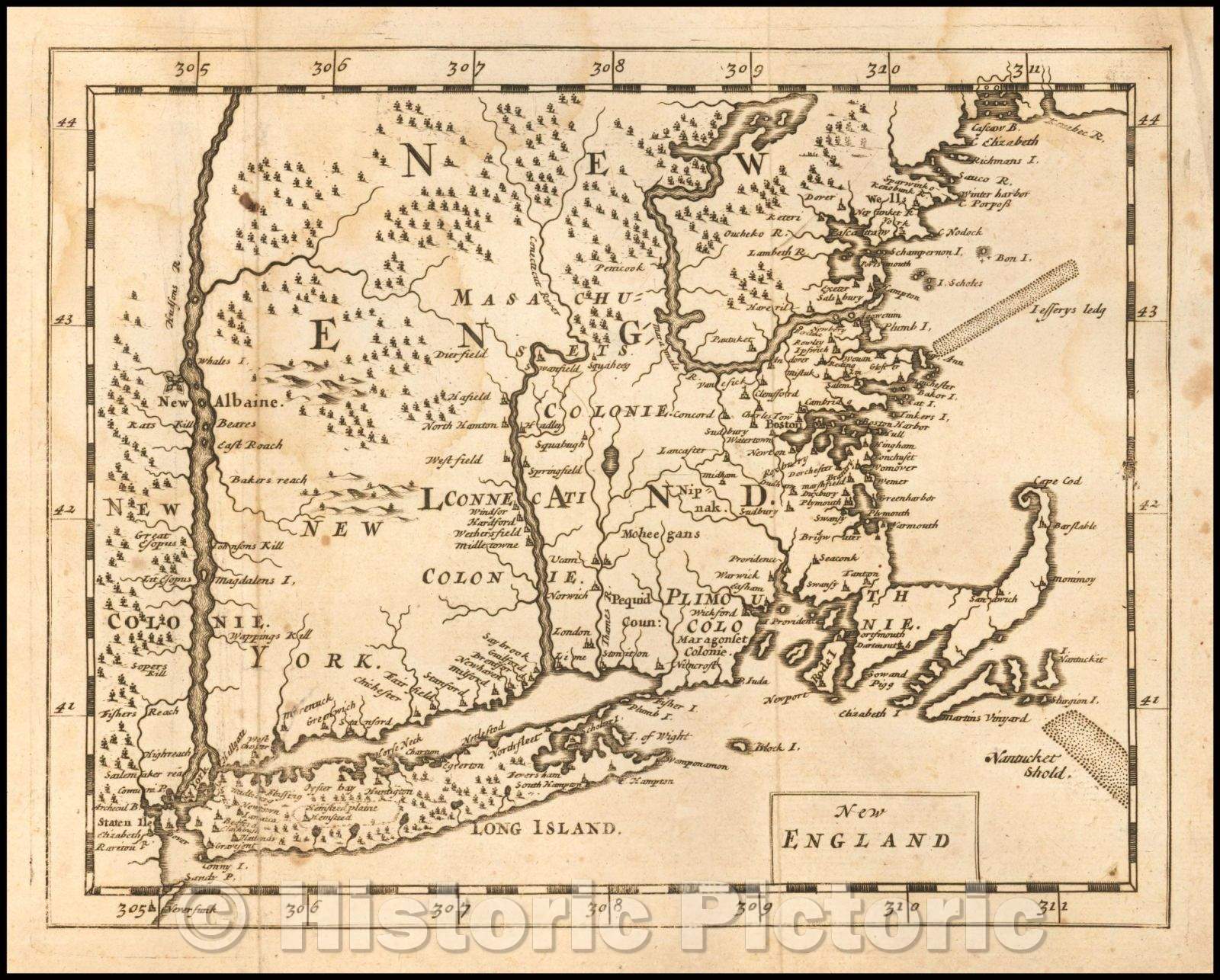 Historic Map - New England, 1681, Sir Jonas Moore - Vintage Wall Art