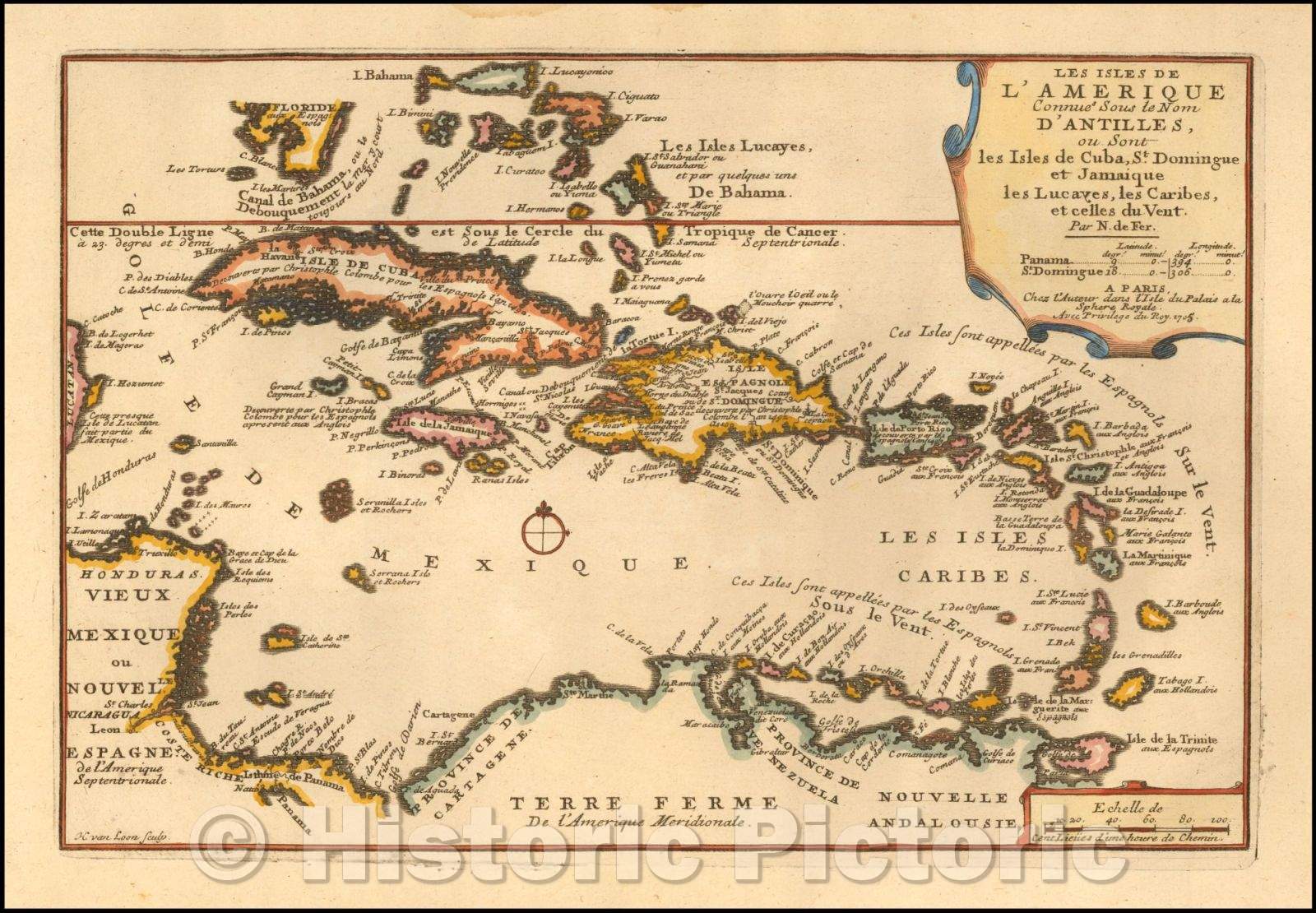 Historic Map - Les Isles De L'Amerique Connues Sous le Nom D'Antilles, ou Sont les Isles de Cuba, St. Domingue et Jamaique les Lucayes, les Caribes, 1705 - Vintage Wall Art