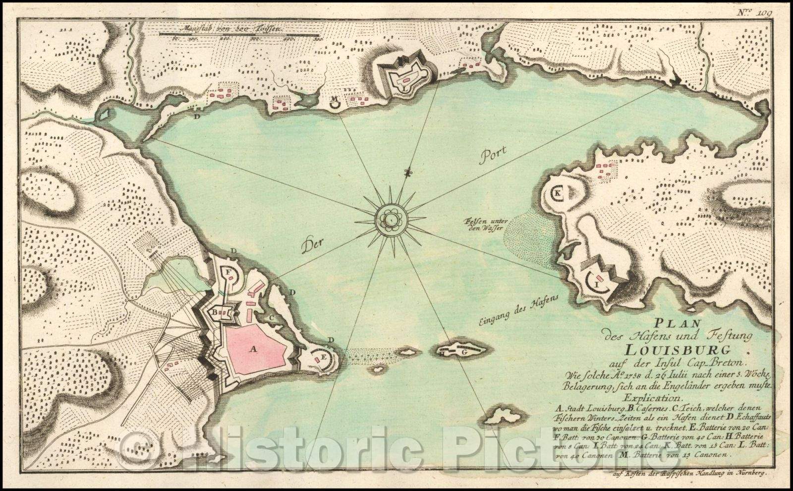 Historic Map - Plan des Hafens und Festung Louisbourg auf der Ins :: French and Indian War Plan,Louisbourg, from Raspe's Schauplatz des Gegenwaertigen Kriegs, 1764 - Vintage Wall Art