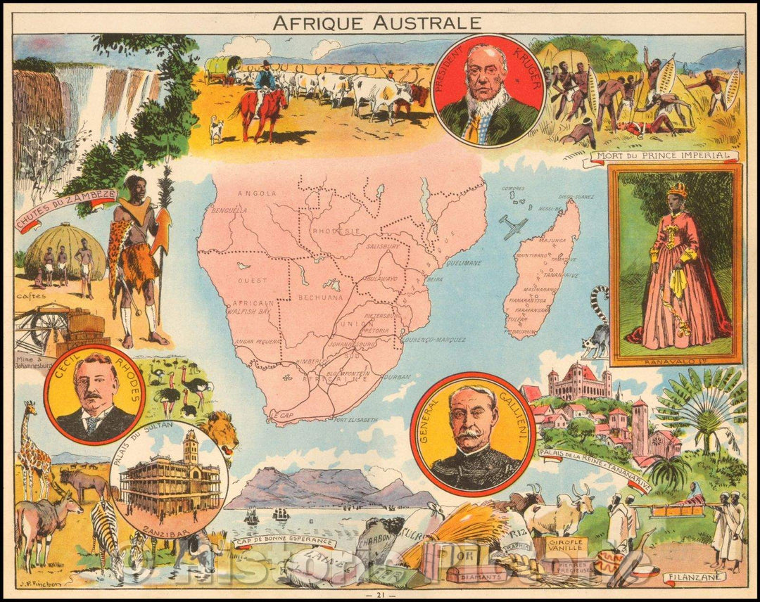 Historic Map - Afrique Australe/Pictorial Map the Southern part of Africa and Madagascar, 1950, Joseph Porphyre Pinchon - Vintage Wall Art