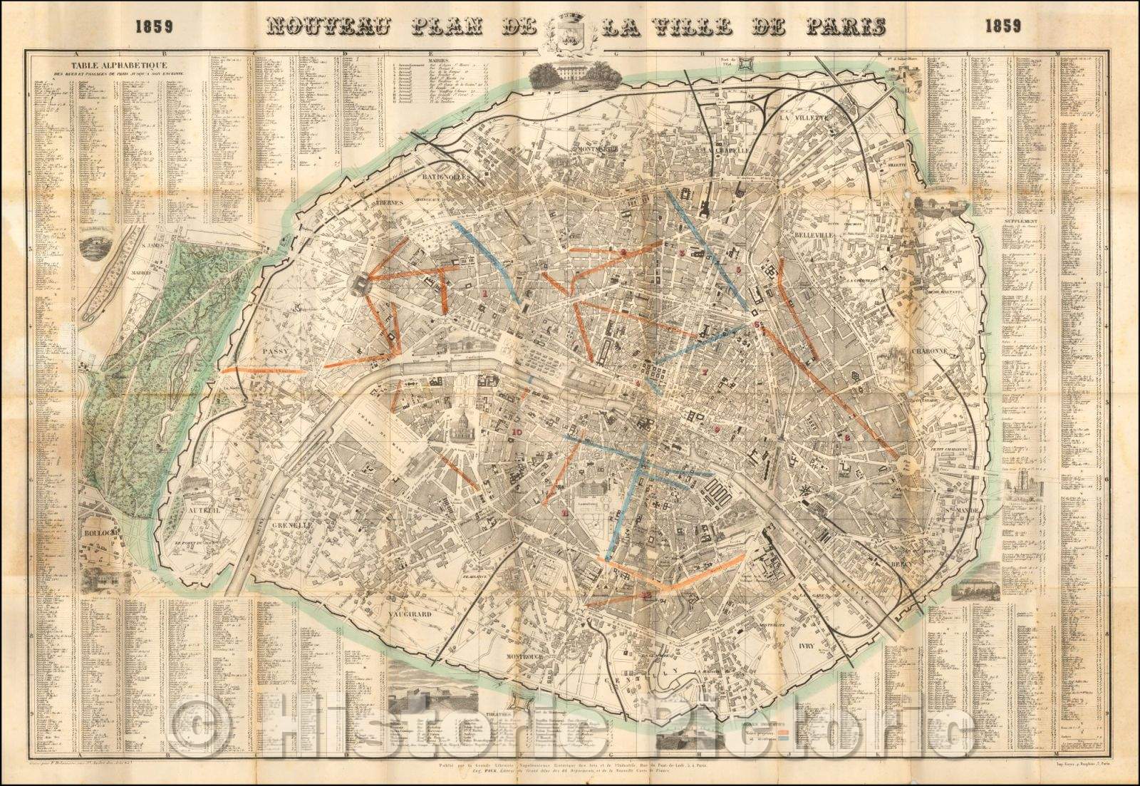 Historic Map - Nouveau Plan de la Ville de Paris 1859. / Map of Paris, illustrating its major gates and monuments, 1859, Eugene Pick - Vintage Wall Art