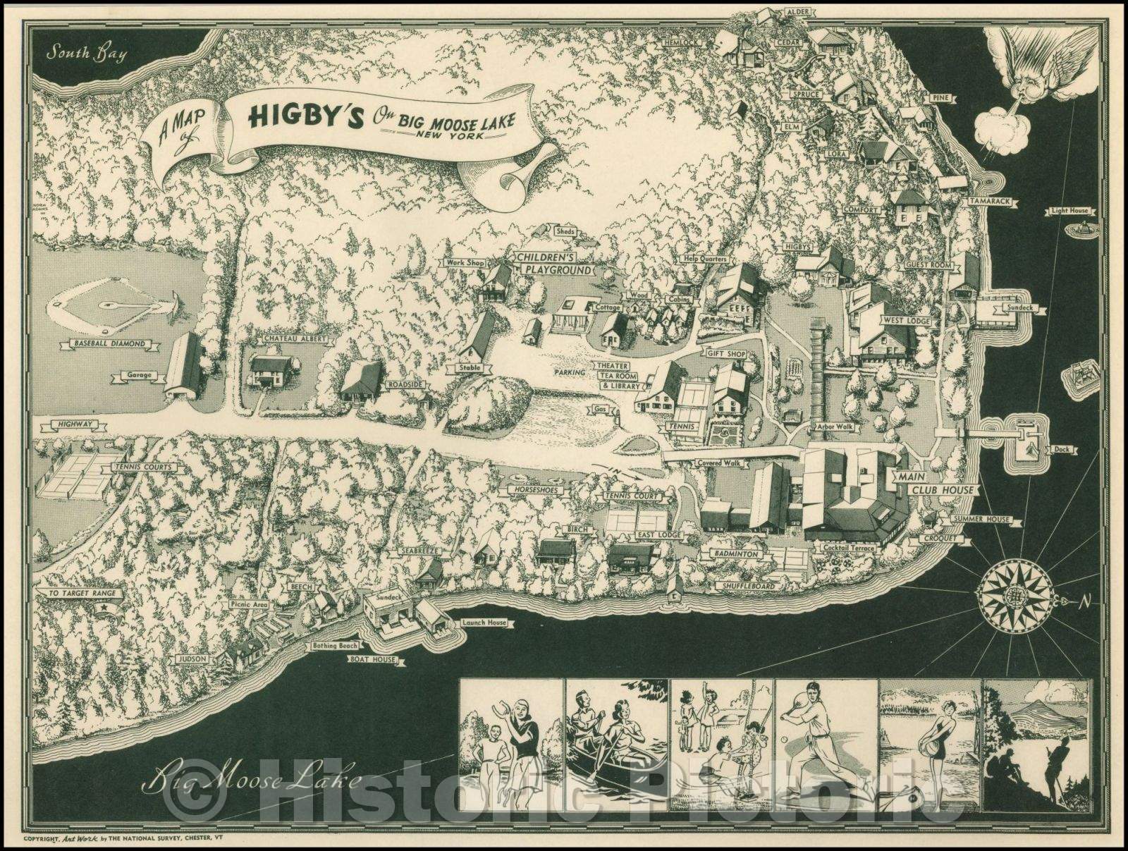 Historic Map - A Map of Higby's On Big Moose Lake New York, 1950, The National Survey - Vintage Wall Art