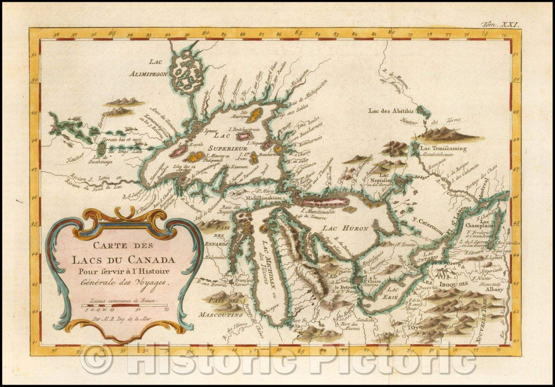 Historic Map - Carte Des Lacs Du Canada Pour sevir a l'Histoire Generale des Voyages :: Great Lakes, islands of Philippeaux and PontChartrain in Lake Superior, 1757 - Vintage Wall Art