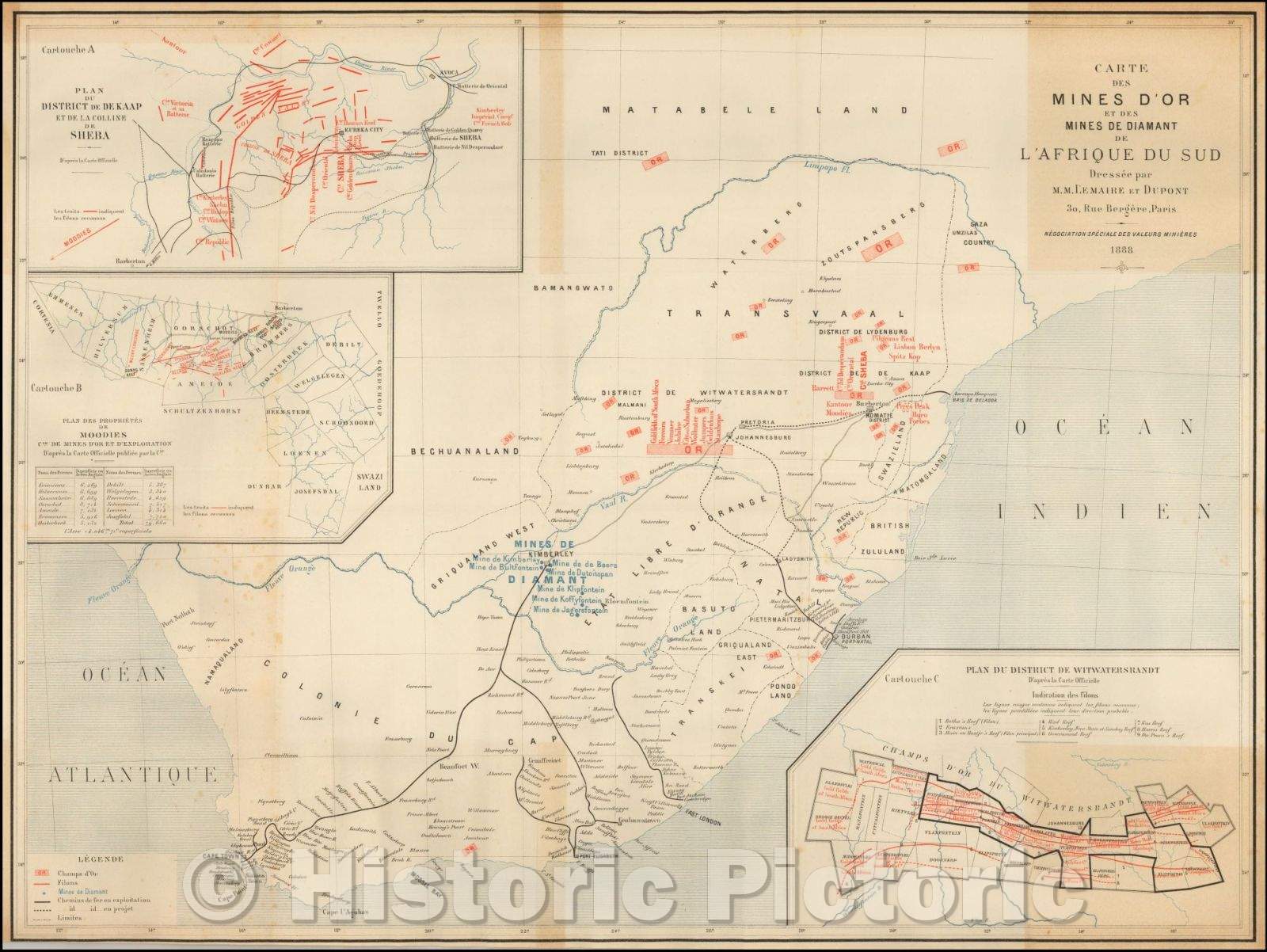 Historic Map - [South African Diamond and Gold Mines] Carte des Mines/Map of the Gold and Diamond Mines of South Africa, 1888, LeMaire et Dupont - Vintage Wall Art