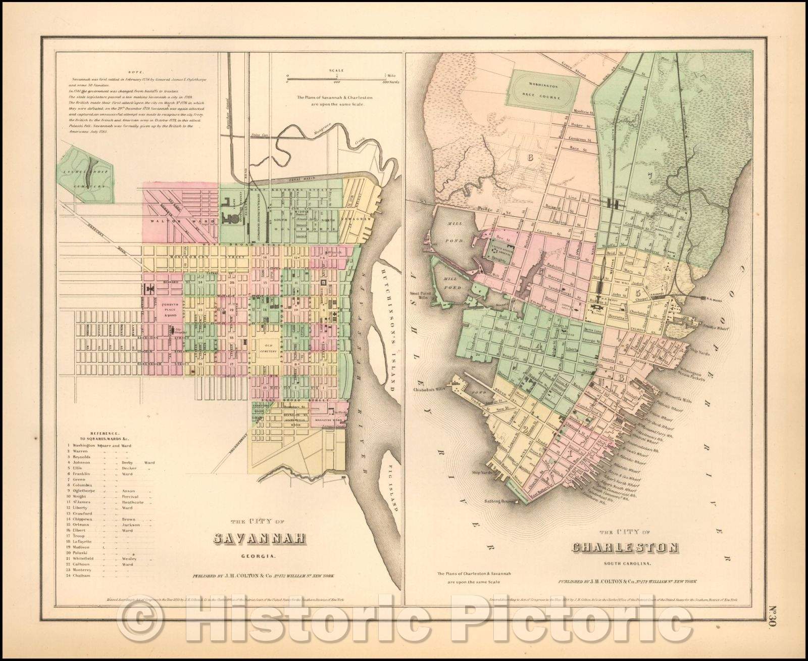 Historic Map - Colton's The City of Savannah Georgia [with] Colton's The City of Charleston South Carolina, 1860, Joseph Hutchins Colton - Vintage Wall Art