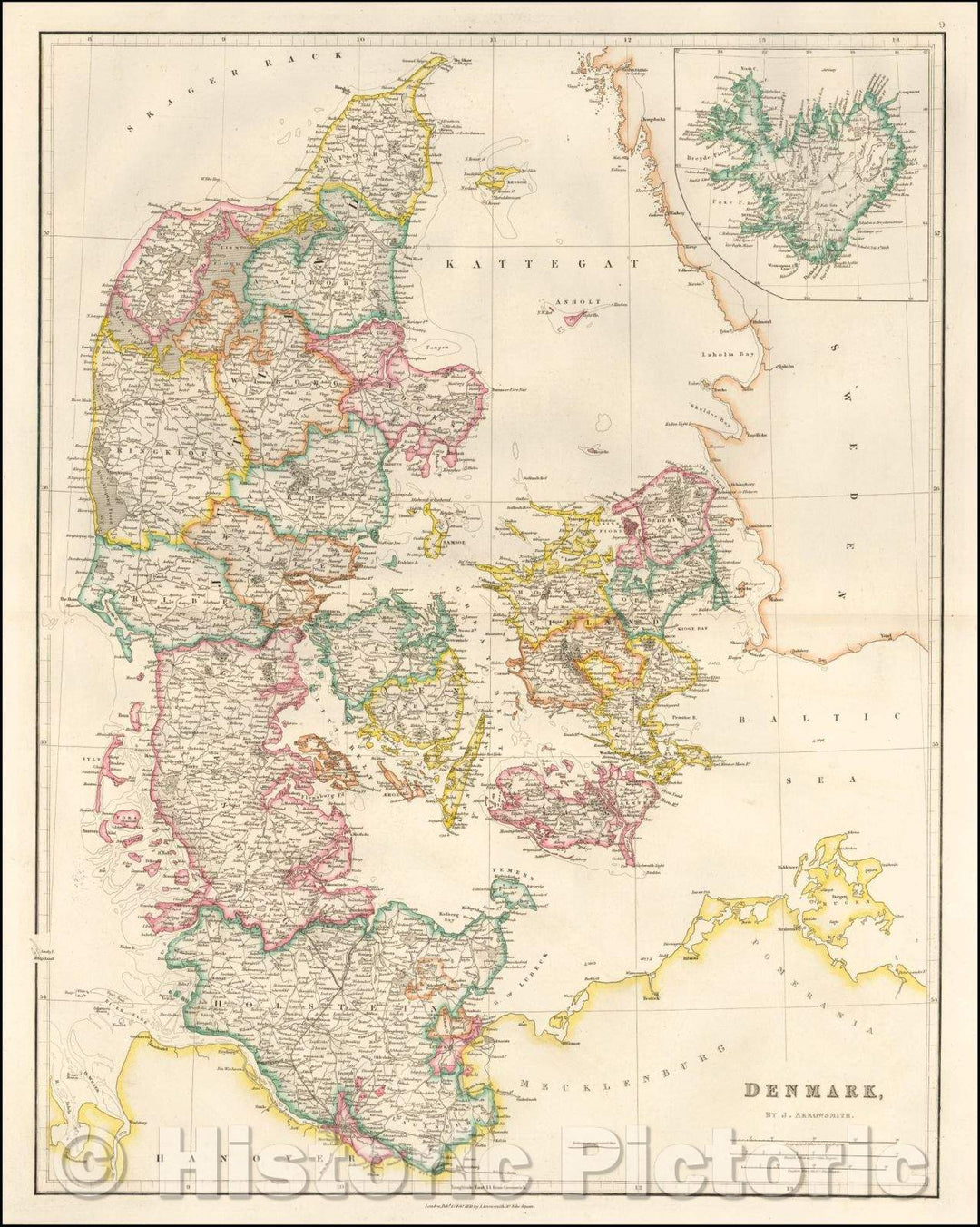 Historic Map - Denmark, 1850, John Arrowsmith - Vintage Wall Art