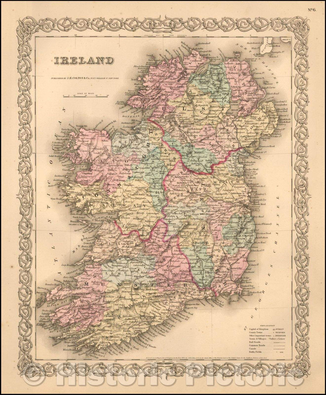 Historic Map - Ireland, 1856, Joseph Hutchins Colton - Vintage Wall Art