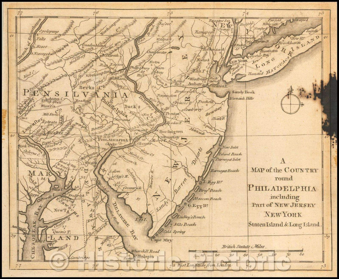 Historic Map - Country round Philadelphia including Part of New Jersey New York Staten Island & Long Island, 1776, Gentleman's Magazine - Vintage Wall Art