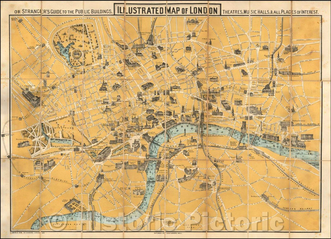 Historic Map - Illustrated Map of London or Stranger's Guide to the Public Buildings, Theatres, Music Halls, All Places of Interest, 1870, Charles Smith - Vintage Wall Art