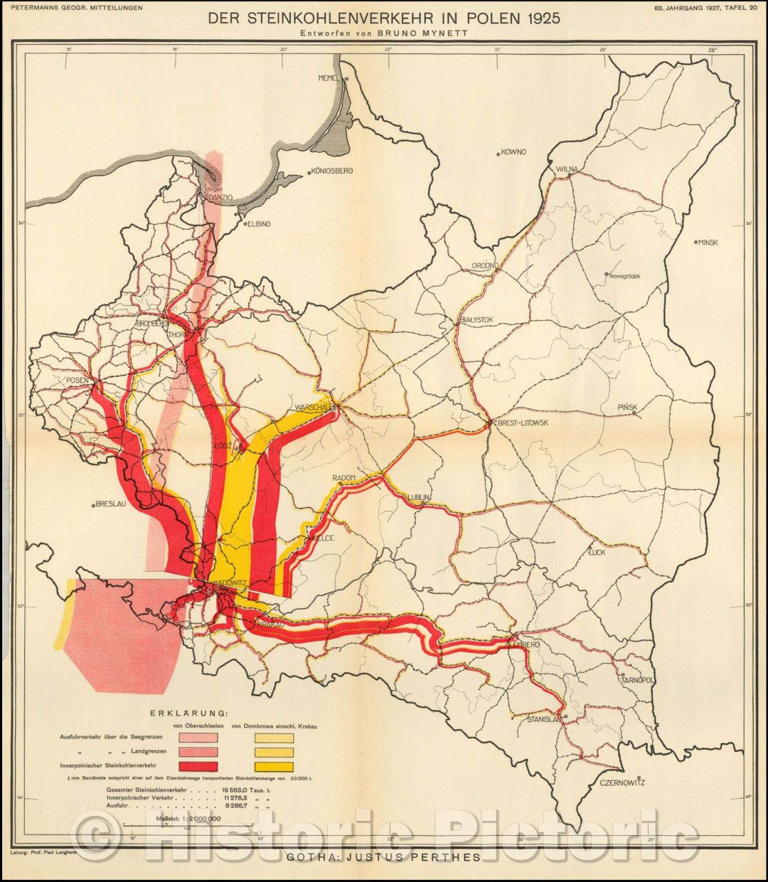 Historic Map - Der Steinkohlenverkehr in Polen 1925 Entworfen von Bruno Mynett/Thematic Map of Poland, showing the Coal Industry in 1925, 1937 - Vintage Wall Art