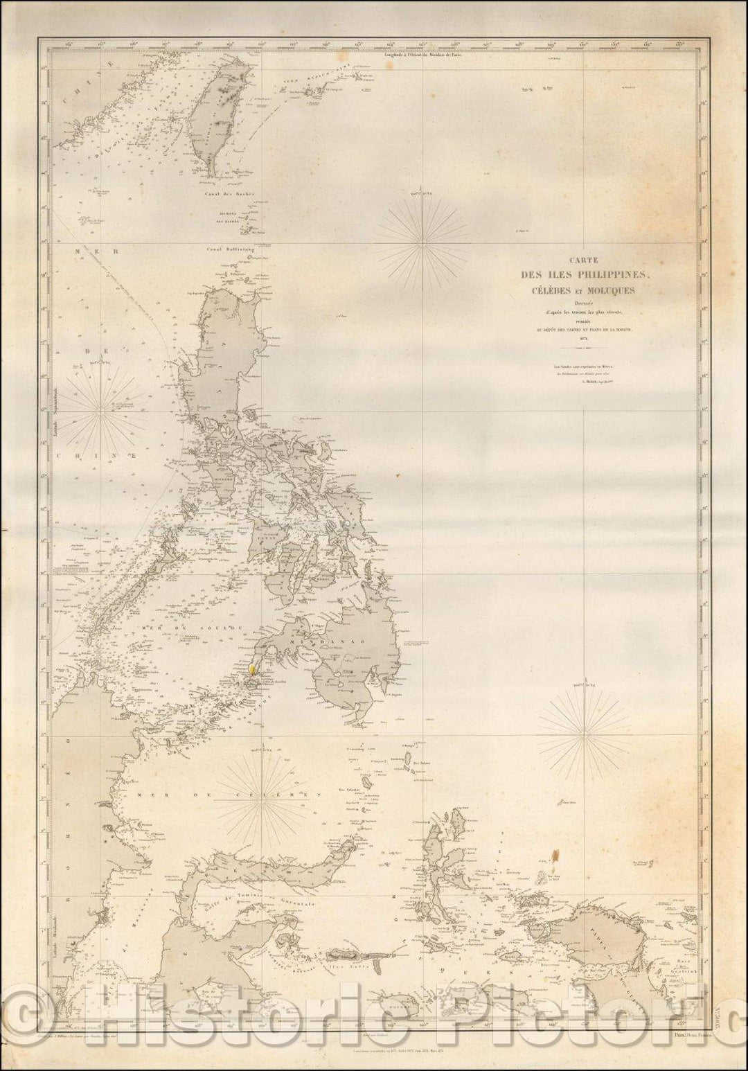 Historic Map - Carte des Iles Philippines, Celebes et Moluques Dressee d'apres les travaux les pus recents, 1871, Depot de la Marine - Vintage Wall Art