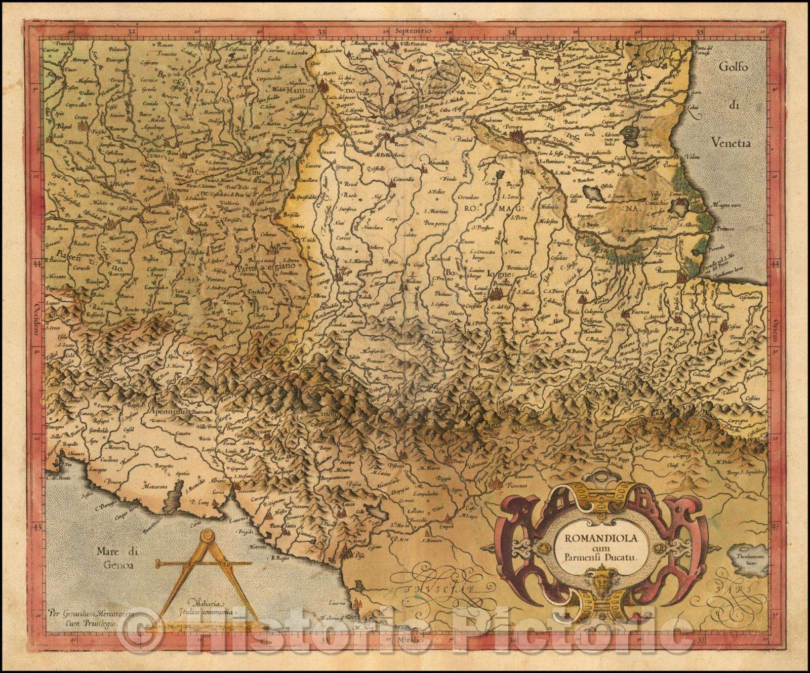 Historic Map - Romandiola Cum Ducatus Parmensi/Regional Map of Italy, published by Gerhard Mercator, 1595, Gerhard Mercator - Vintage Wall Art