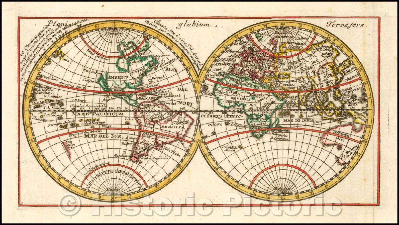 Historic Map - Plani globium Terrestre/Double hemisphere world Map, 1700, Anonymous - Vintage Wall Art