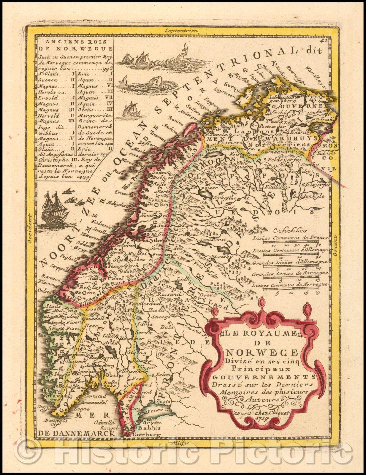 Historic Map - Le Royaume de Norwege Divise en ses cinq Principaux Gouvernements/Chiquet's Map of Norway, from Chiquet's Le Nouveau et Curieux?, 1719 - Vintage Wall Art