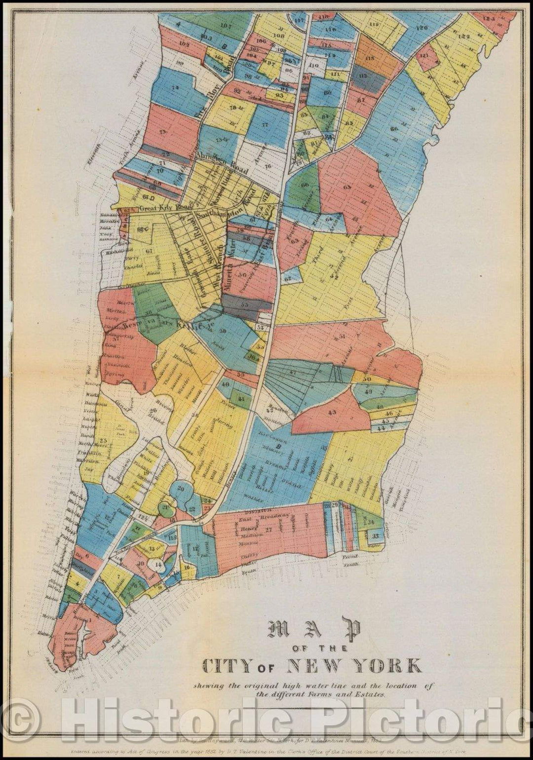 Historic Map - Map of the City of New York shewing the original high water line and the location of the different Farms and Estates, 1853, Valentine's Manual - Vintage Wall Art