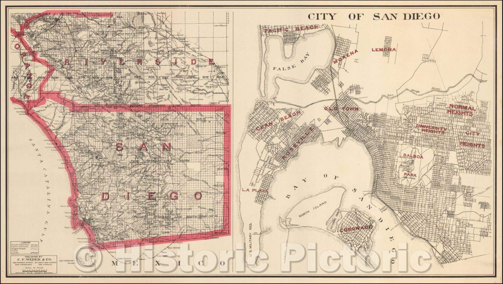 Historic Map - Riverside & San Diego County/Map of San Diego, 1914, Punnett Brothers - Vintage Wall Art