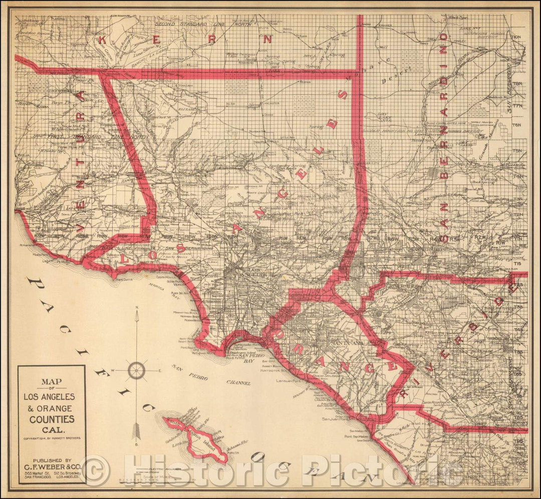 Historic Map - Map of Los Angeles & Orange Counties Cal, 1914, Punnett Brothers - Vintage Wall Art